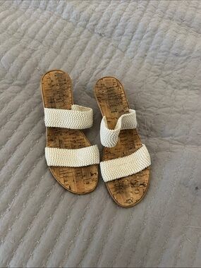 Cream Woven Cork Wedge Slide Sandals